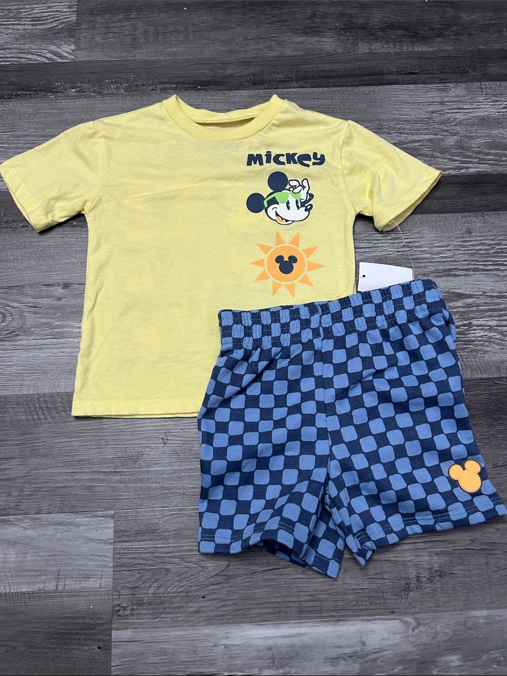 Disney Yellow Mickey Graphic Tee with Blue Check Shorts